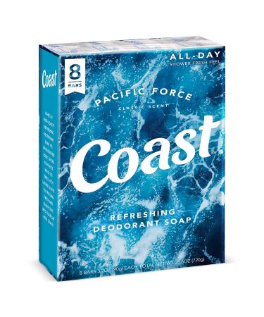 Coast Refreshing Deodorant Soap Bar - 8 Bars - Thick Rich Lather Leaves Your Body Feeling Energized And Clean - Classic Pacific Force Scent 8 Count (Pack of 1)