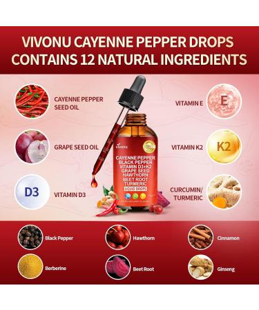 Cayenne Pepper Drops Supplement Liquid + Liposomal Tech 98% Absorption Supports* Leg Vein Heart & Blood Vessel* Health + Vitamin E D3+K2 & Extracts of Grape Seed Hawthorn Beetroot Berberine - Buy Online on GoSupps.com