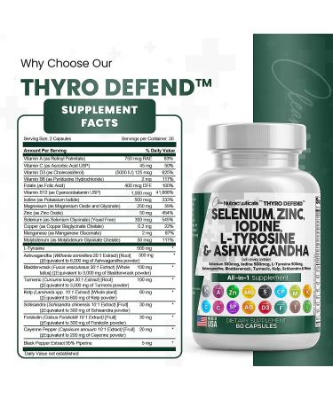 Selenium 300mcg Zinc 50mg Iodine 500mcg Thyroid Support Supplement with Ashwagandha, Bladderwrack, Turmeric & More - 60 Caps - Made in USA - Buy Online on GoSupps.com