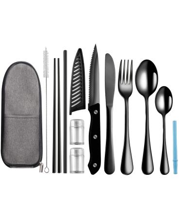 Logcow Portable Travel Utensils Set Reusable Utensils Travel Camping Cutlery Set Stainless Steel Flatware Set with Case Lunch Boxes Workplace Camping School Picnic (Black)