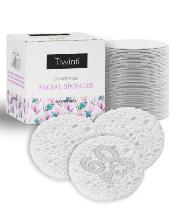 60-Count Compressed Facial Sponges |TiwinTi 100% Natural Cellulose Sponges | Makeup Removers for face| Exfoliating | Skin Massage | Pore Exfoliation | Mask Cleansing | Reusable And Travel Friendly