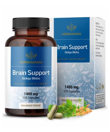 HERBAMAMA Brain Support Capsules - 1400mg Brain Support Supplement for Adults with Bacopa Panax Ginseng and Ginkgo Biloba - Vegan Non-GMO Focus Supplement 100 Caps 100 Count (Pack of 1)