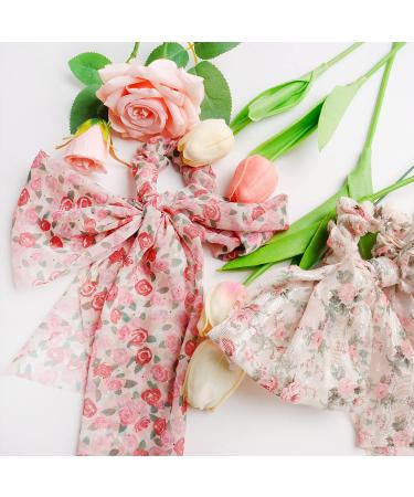 2PCS Floral Hair Scarf with Ribbon Bow for Women and Girls - Silk Long Tails Scrunchy Elastics Ponytail Holder - Buy Online on GoSupps.com