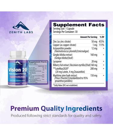 Vision 20 by Zenith Labs - Clinically Proven Lutein & Zeaxanthin with Zinc Citrate for Enhanced Eye Health - Support Eyesight at All Distances & Lighting Conditions - Buy Online on GoSupps.com