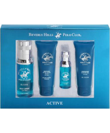 Beverly Hills Polo Club BHPC 4 Piece Economy Gift Set with Eau De Toilette Body Spray After Shave & Shower Gel (Active)