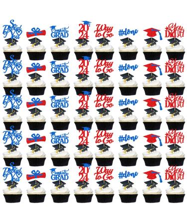 Graduation Cupcake Toppers 2024 Red Blue Glitter Class of 2024 Cupcake Toppers Supplies Congrats Grad Cap Diploma Cupcake Picks for Graduation Party Decorations 2024 Red and Blue - 40Pcs (Red Blue)