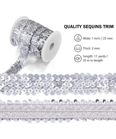 11 Yard 1 Inch Silver Elastic Sequins Trim - 3 Row Glitter Sequin Bling Fabric Ribbon for Crafts & Dress Embellishments - Buy Online on GoSupps.com