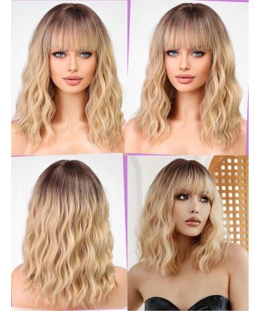 WOKESTAR Blonde Curly Wavy Bob Wig with Dark Roots for Women - Neat Fringe, Synthetic - Buy Online on GoSupps.com