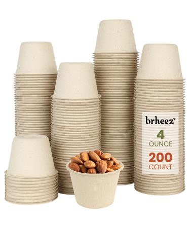 brheez 4 oz - Pack of 200 Disposable Bagasse Fiber Souffle Cups 100% Natural Biodegradable & Compostable Perfect for Condiments Small Portion & Samples Eco Friendly Paper Alternative - Natural Natural 4 oz - Pack of 200
