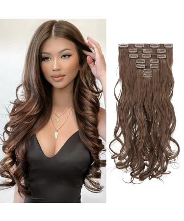 Feshfen clip in extensions 7 parts set 16 clips wavy hair extension clips hair part extensions synthetics wavy clip in hair extreme dark brown & auburn brown hair parts for women 50cm 4/30# dark brown & Auburn brown-lock 50 cm (1 Pack)