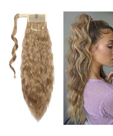 20 Inch Real Long Corn Wave Ponytail Clip in Hair Extensions Magic Paste Wavy Wrap Around Ponytail Hairpiece for Women Light Ash Brown mix Bleach Blonde Light Ash Brown mix Bleach Blonde 20 Inch
