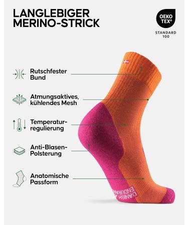 Danish Endurance Light Merino Hiking Socks | Padded Outdoor & Trekking Wool Socks for Men & Women (35-38) - Anti-Bubble Sweat-Resistant Orange/Fuchsia - Buy Online on GoSupps.com