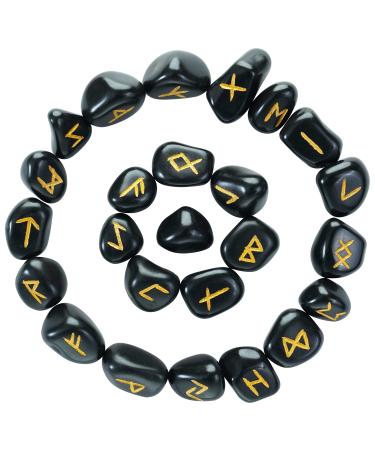 Crocon Black Tourmaline Gemstone Elder Futhark Alphabet Engraved Symbol Rune Stones 25 pcs Set for Feng Shui Chakra Balancing Reiki Healing Spiritual Size: 20-25 mm #005 Black Tourmaline