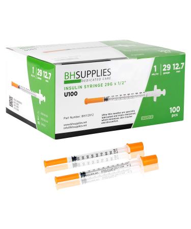 BH Supplies Insulin Syringes U-100 29G 1ml/cc 1/2" (12.7mm) Pack of 100 Pcs