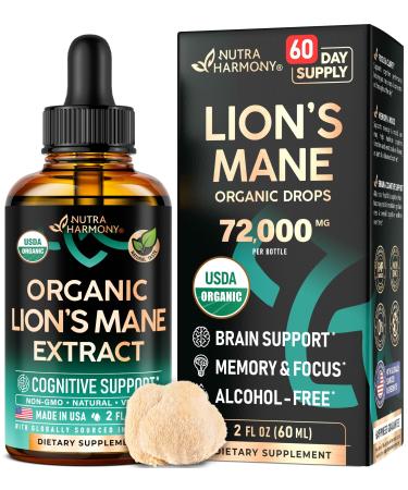 Lions Mane Liquid - USDA Certified Organic Lions Mane Supplement - Brain Support Energy Memory & Focus - Sugar & Alcohol-Free Lion's Mane Mushroom Extract 72 000 mg / Bottle 2 Fl OZ 2 Month Supply 2 Fl Oz (Pack of 1)