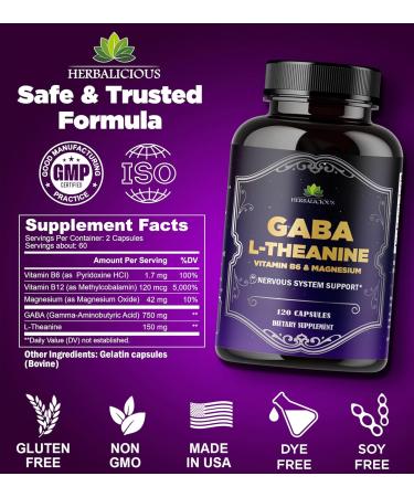 HERBALICIOUS GABA L-Theanine with Magnesium Calm & Focus Support Stress Relief Relaxation + Mood Balance Brain & Memory Support Supplement Vitamin B6 + B12 Complex 120 Capsules - Buy Online on GoSupps.com