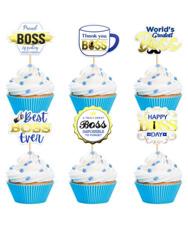 Ercadio 24 Pack Happy Boss Day Cupcake Toppers Blue Boss Day Cupcake Toppers Best Boss Thank You Boss Cake Picks for Boss Theme Gender Reveal Birthday Party Cake Decoration Supplies Pattern-1 Blue