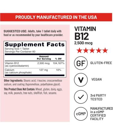 NatureWise Vitamin B12 Extra Strength 2500mcg - B12 Supplement for Energy + Mental Clarity & Nervous System Support - Easy-to-Swallow Vegan & Non-GMO - USA Manufactured - 60 Tablets 60-Day Supply  - Buy Online on GoSupps.com