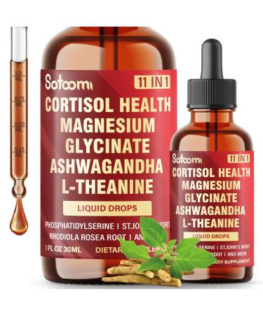 11in1 Cortisol Support Drops Liquid Supplement for Brain Health & Mood Balance & Rest Well - with Magnesium Glycinate Ashwagandha L-Theanine & Phosphatidylserine - 1 FL Oz - 30 Servings
