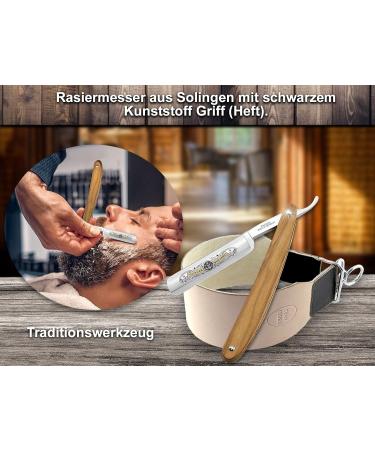 Razor Solingen Shaving Set with Extra Wide Leather Strap | Professional Olive Wood Beard Knife for Classic Wet Shave - Buy Online on GoSupps.com
