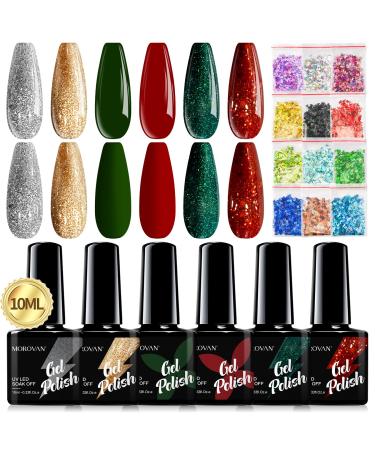 Morovan Gel Nail Polish Kit - Red Glitter Gel Nail Polish Set 6 Colors Green Sparkle Gel Polish Soak Off UV Gel Nail Kit Nail Art DIY Salon Gift Starter Kit