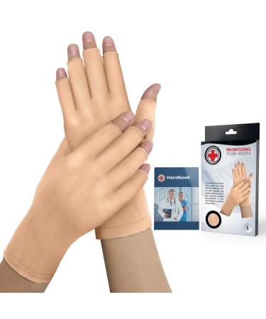 Doctor Developed Compression Gloves for Arthritis & Doctor Written Handbook/Fingerless Arthritis Gloves for Women & Men Hand Support for Arthritis Pain Relief & Carpal Tunnel (Nude L) Nude (Open Fingertips) L