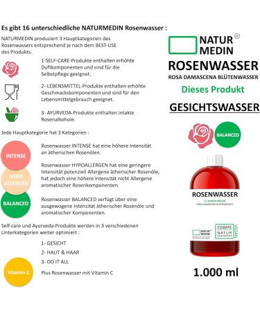 1 000 ml Edible Rose Water Facial Toner - 100% Natural NATURMEDIN | International Shipping Available - Buy Online on GoSupps.com