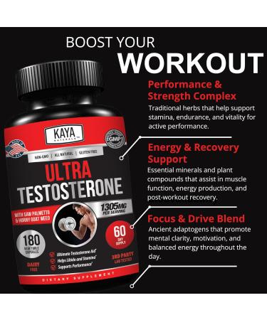 Kaya Naturals UltraTest- Men's T Booster with Tongkat Ali Horny Goat Weed Tribulus - Natural Workout Supplement for Energy Stamina and Strength Booster - 180 Count 180 Count (Pack of 1) - Buy Online on GoSupps.com