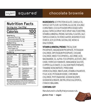 Soylent Squared Chocolate Brownie 100 Calorie Snack Bars - 24 Count | Plant-Based, Gluten Free, Low Sugar, 6g Vegan Protein - Buy Online on GoSupps.com