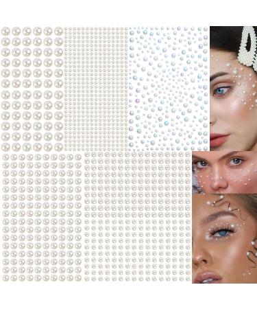 7 Sheets White Pearl Eyes Face 3D Self Adhesive Nail Rhinestones Temporary Tattoo  Flat Back Bling Gems Jewels Stickers for Makeup Face Eye Hair DIY