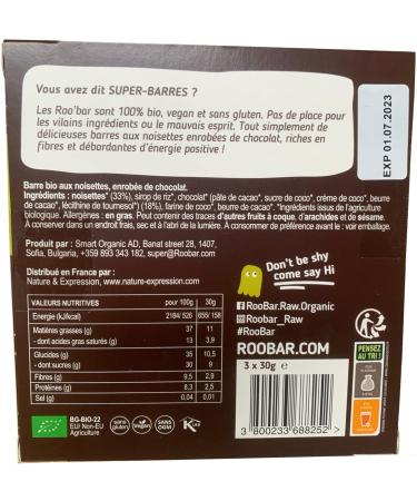 Roo'bar - Vegan Gluten-Free Hazelnut Energy Bars Coated in Dark Chocolate - Pack of 3 - sports snack - healthy snack - 100% natural - Buy Online on GoSupps.com