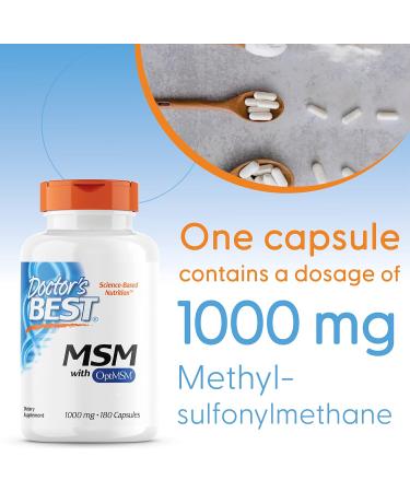 Doctor's Best MSM 1000mg Capsules - 180 Count | OptiMSM, Laboratory Tested, Non-GMO, Gluten-Free & Soy-Free with Natural Sulphur - Buy Online on GoSupps.com