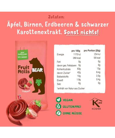 Bear Fruit Roller Strawberry | 100% Natural Ingredients | No Added Sugar | Healthy Snack for Kids & Adults | 30 Bags x 20g | Buy Online Worldwide - Buy Online on GoSupps.com