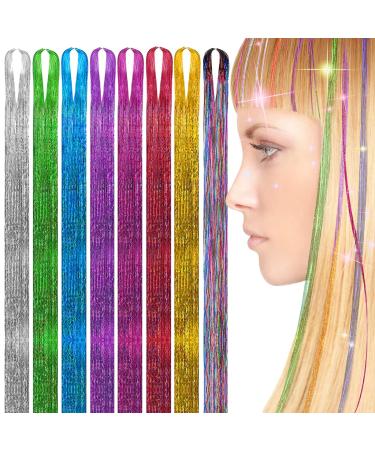 XFTOPSE Hair Tinsel 8 Colors Heat Resistant Sparkling Shiny Silk Fairy Hair for Women Girls Kids Glitter Extensions Tinsel Hair Kit for Cosplay Party Halloween Christmas Dress up