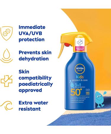 NIVEA SUN Kids Protect & Care SPF 50+ Trigger Spray (270ml) Water-Resistant Sunscreen Spray Sun Cream for Children Provides Instant and Effective UVA + UVB Protection - Buy Online on GoSupps.com