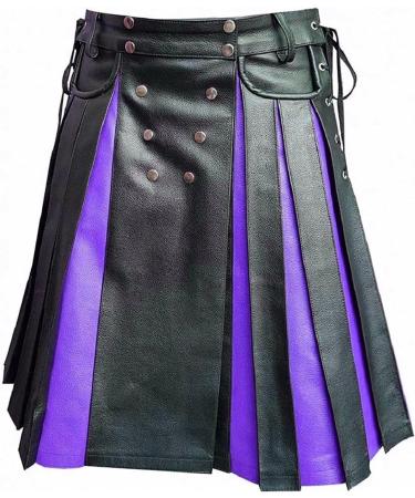 Leather Scottish Rock Kilt for Men - Retro Tartan Skirt | Classic 5XL Traditional Clubwear in Black & Purple - Buy Online on GoSupps.com