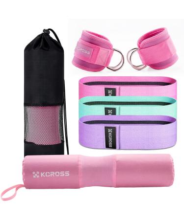 kcross Barbell Squat Pad for Standard Set, Work Out Set Gym Equipment Accessories for Women, 7Pcs Barbell Pad for Hip Thrust with 2 X Gym Ankle Straps & 3 X Booty Resistance Bands & 1X Carry Bag PINK (7PCS)