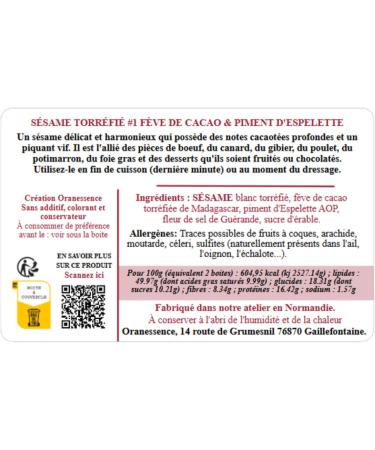 UNIQUE - Scented sesame - Cocoa bean & Espelette pepper (200g) - Handmade in Normandy - Exceptional blend - No additives No coloring No preservatives non-irradiated - Buy Online on GoSupps.com