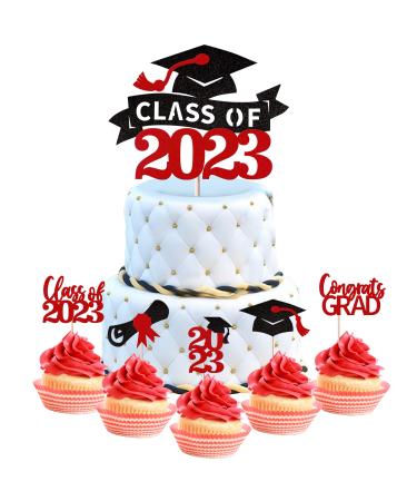 Graduation Cake Decoration Glitter Class of 2023 Graduation Cake Decoration Diploma Grade Cap Cupcake Toppers Congrats Graduation Cake Decorations for 2023 Graduation Theme Party Black Red Pack of 31 Red 31 St ck