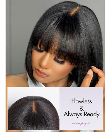 LUVME HAIR 10 Inch Light Yaki Bob Wig with Bangs | Realistic HD Lace Black Bob Wigs | Glueless 180 Density Blunt Cut Human Hair - Buy Online on GoSupps.com