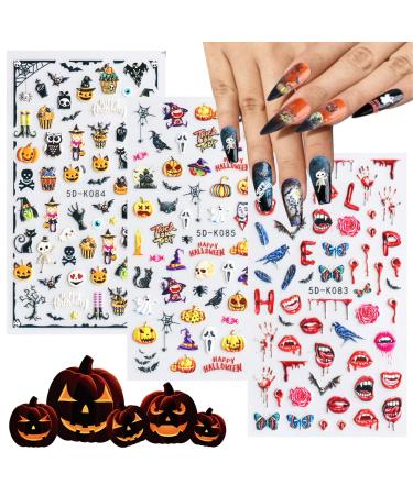 NICENEEDED 5D Halloween Nail Art Stickers 3 Sheets Stereoscopic Embossed Pumpkin Nail Decals Self-Adhesive Stickers with Skull Bat Witch Bloody Lips Design for Nail Art Decorations
