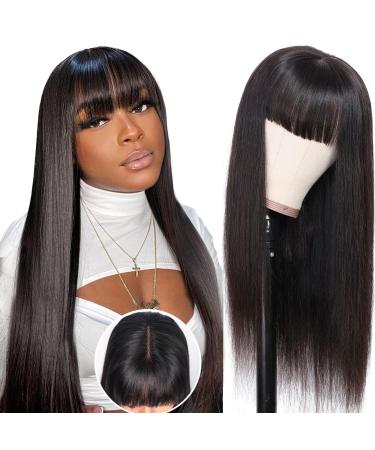 Glueless Human Hair Wigs with Bangs for Black Women 180% Density Straight 2x4 Lace Front Wigs Human Hair Wig with Bangs Glueless Wigs 100% Brazilian Virgin Human Hair Middle Part Natural Color 16inch 16 Inch Natural Blac...