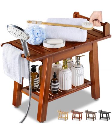 ETECHMART 2-Tier Bamboo Shower Bench, 24 Inch Spa Stool with Storage Shelf for Inside Shower Legs Shaving, Entryway or Bathroom, A-Shaped Shower Bath Seat for Seniors Adults Disabled Women, Brown 24×20×12 Inch+Brown