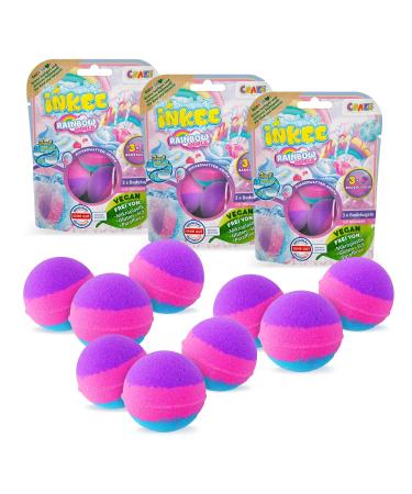 INKEE Pack Color Rainbow World - 9 Pack Scented Bath Bombs for Kids - 9 Bath Balls with 3 Different Color Layers (Pink Purple and Blue) Candy Floss Aroma and Argan Oil