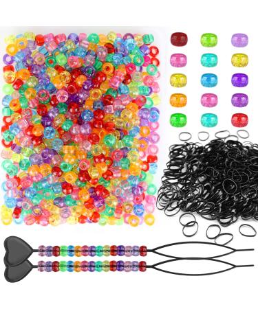 1602pcs Beads for Hair Braids Kit Including 600pcs 9x6mm Glitter Pony Beads  1000pcs Elastic Rubber Bands  and 2pcs Quick Beaders for Kids Hair Braids (Glitter) Glitter-Pink