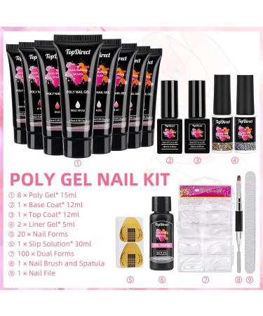 TopDirect Poly Gel Nail Kit - 8 Colors 15ml Poly Gel with Gold & Silver Liner Gel Polish | Builder Gel Nail Kit for Beginners - Includes 100 False Nail Tips and Base Top Coat - Perfect Gift for Women - Buy Online on GoSupps.com