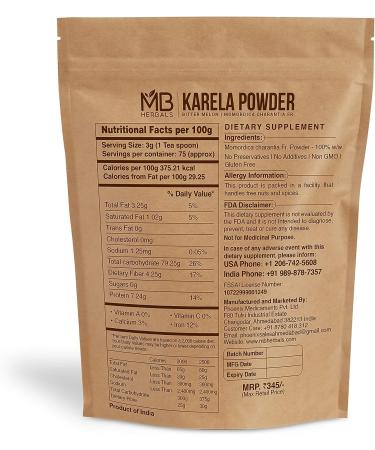 MB Herbals De-Seeded Karela Powder 227g (Half Pound) | 100% Pure Bitter Melon Powder | Momordica charantia Fr. | No Preservatives | Non GMO | Gluten Free - Buy Online on GoSupps.com