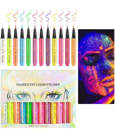 Colored Liquid Eye Liner - Waterproof Fluorescent Eye Liner Face Glitter - 12 Colors UV Neon Liquid Eye Liner Set Festival Accessories Makeup Kit Pigmented Graphic Liners for Eye Makeup - Buy Online on GoSupps.com