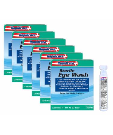 Rapid Care First Aid 651-4-6 Sterile Saline Isotonic Single Use Eye Wash Solution 0.5 oz FDA Compliant Pack of 6 (Total 24) Red White & Blue