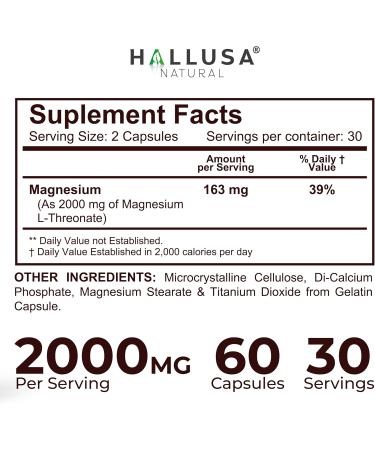 Hall Magnesium L-Threonate Capsules 2000mg - Cognitive Support Supplement for Brain Health & Memory - Mental Clarity Focus & Sleep Aid - Non GMO - Gluten Free - 60 Capsules Hallusa Natural 60 Count (Pack of 1) - Buy Online on GoSupps.com